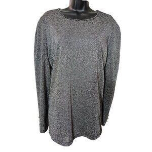 Liz Claiborne Black & Silver Metallic Holiday Top Size 0X  (XL-1X)